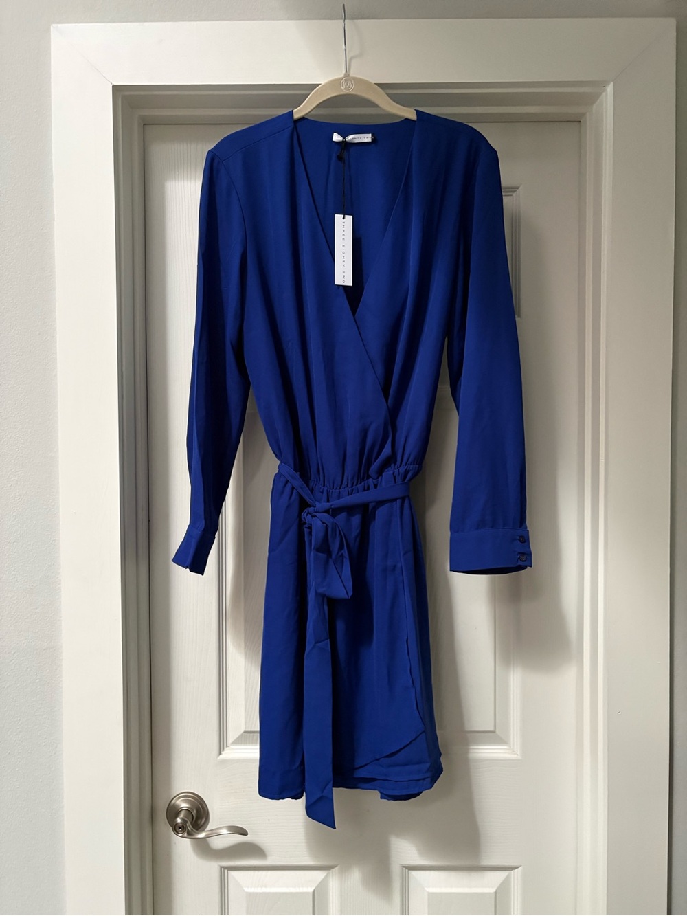 Elegant Cobalt Faux Wrap Midi Dress with Tie Waist